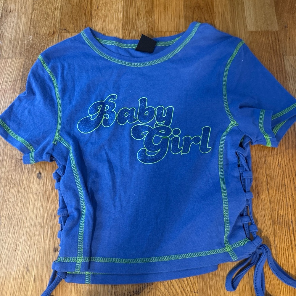 Urban Outfitters Blue 'Baby Girl' Side-Tie Crop Top with Green Stitching